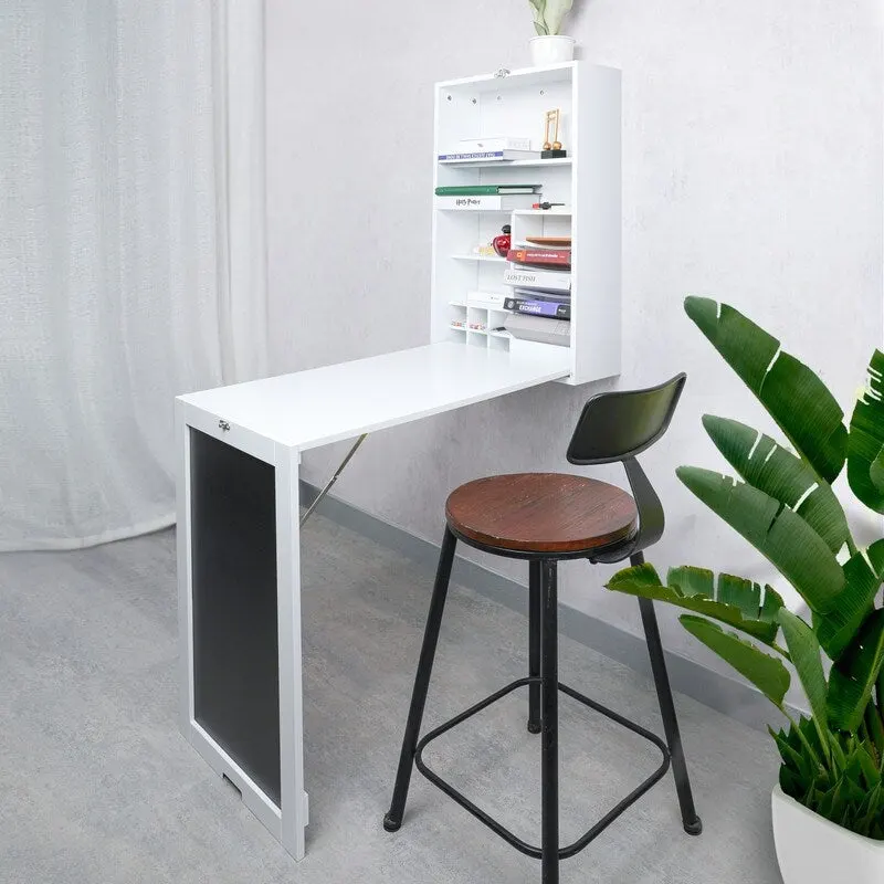 Utopia Alley Fold Down Desk Table Wall Cabinet With Chalkboard, White