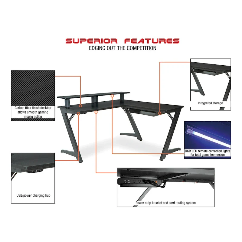 L-Shaped Gaming Desk with RGB LED Lights, USB Hub & Cable Management