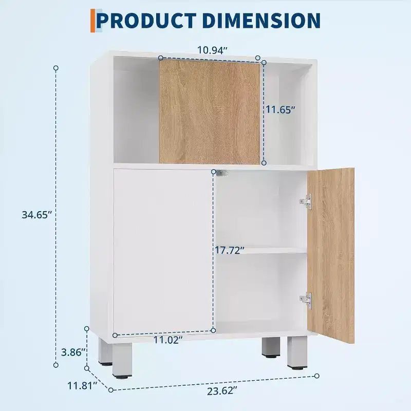 Modern Wooden Storage Cabinet with Sliding Doors, Adjustable Shelves, Floor Sideboard for Bathroom, Living Room & Small Spaces