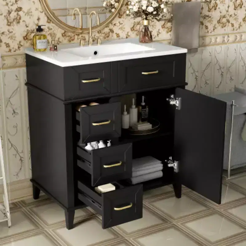 30-Inch Bathroom Storage Cabinet Featuring a Ceramic Sink and a Built-In Adjustable Shelf
