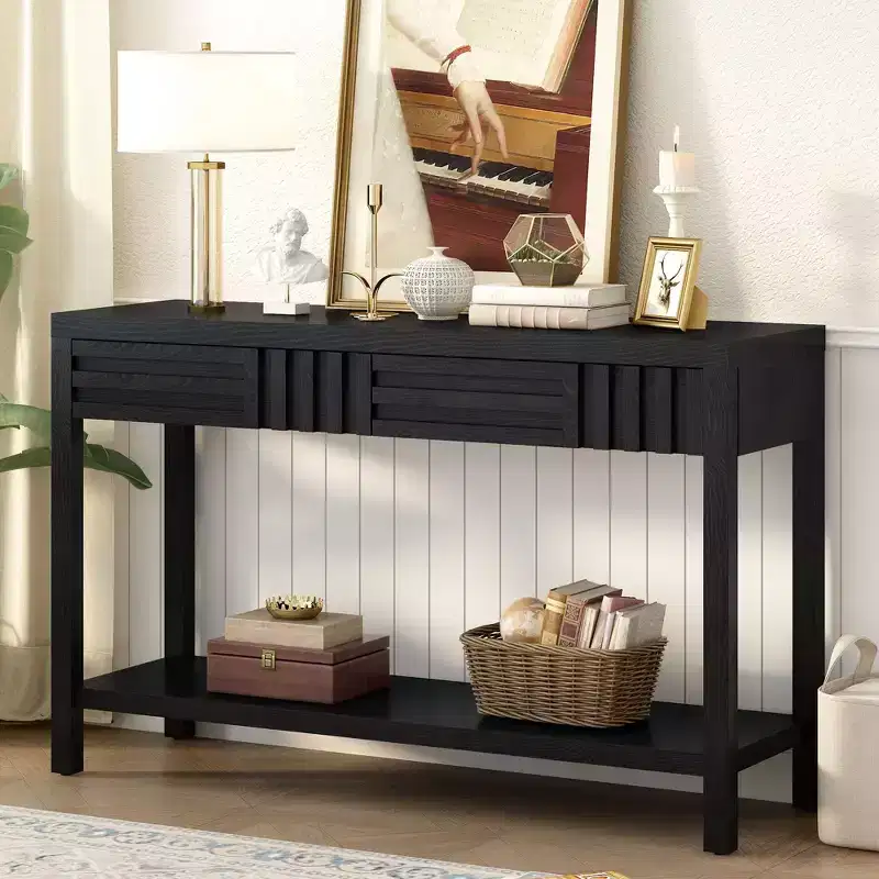 Okak 51.3IN Modern Console Table with Ash Veneer and Striped Design, Entryway Table with 2 Drawers, Hallway Table for Living Room, Foyer, Black