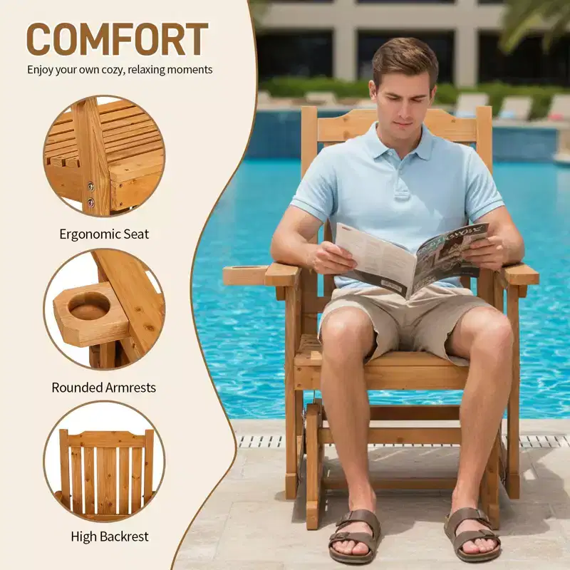 Karl Home | Classic Teak-Finish Fir Wood Patio Glider Chair