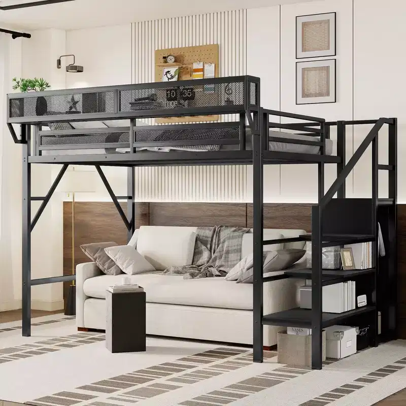 White Twin XL Size Loft Bed with Stairs Metal Full Loft Bed with Storage Shelves and Wardrobe for Kids Teens