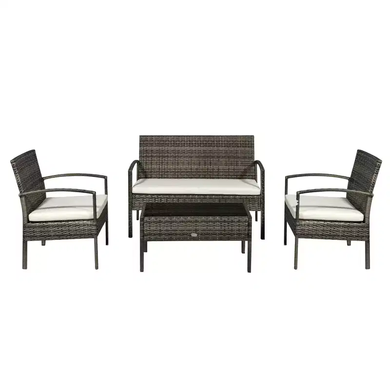 Patio Furniture Set, 4 Piece Indoor Outdoor PE Wicker Conversation Set with Chairs, Loveseat Sofa, Cushions, Glass Table for Backyard, Sunroom