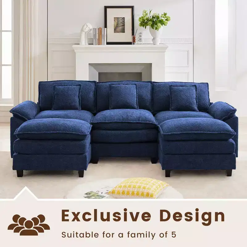 105.9 in. Chenille Fabric 5 seat Sectional Sofa with 2 Ottomans in Dark Blue