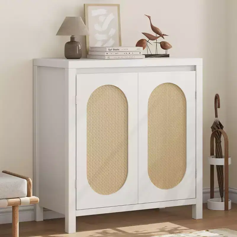 Wood Color Storage Cabinet Sideboard Buffet with Rattan Doors & Adjustable Shelf, Accent Cabinet for Living Room