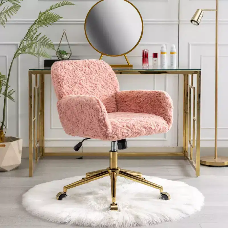 TUYOHW Chic Desk Chair Artificial Rabbit Hair Vanity Chair,360 Swivel Home Office Chair with Golden Metal Base,19.7-23.2H Computer Chair