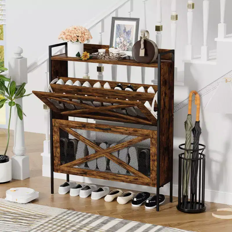 Chic Crate-2-Drawer Flip-Top Shoe Cabinet  Narrow | Entryway | Metal Legs | Rustic Brown | 31.5inx8.5inx39.5in