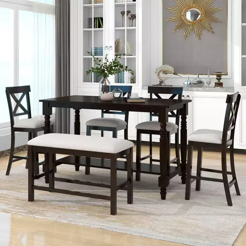 Farmhouse Counter Height Dining Table Set for 6, Rectangular Table with Shelf and 4 Chairs & Bench