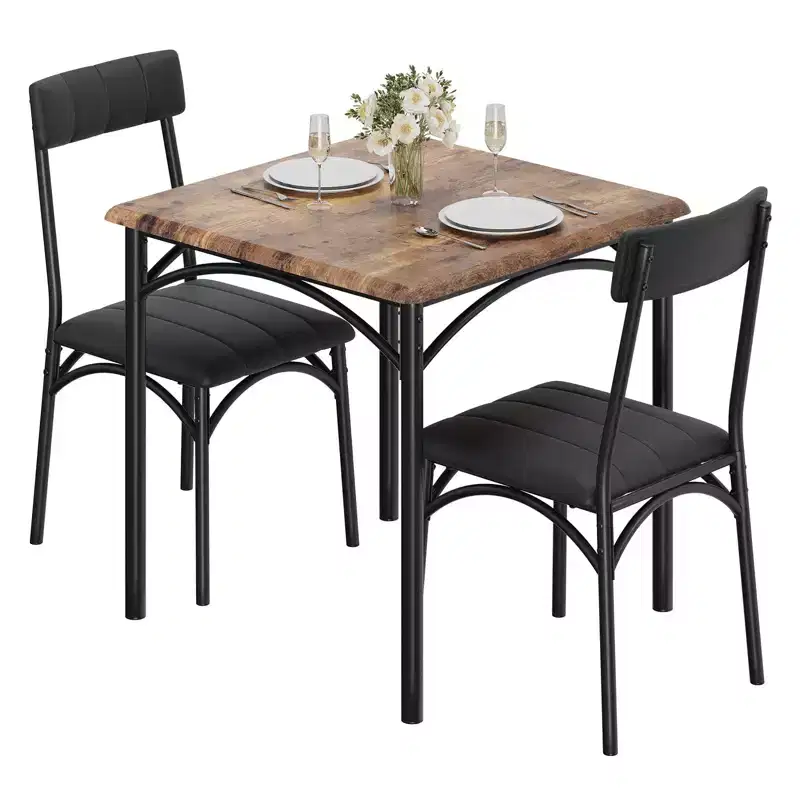 Dining Table Set for 2, 3 Piece Kitchen Table and Chairs Set Square Dining Table, Space Saving Dining Room Furniture, Rustic Brown