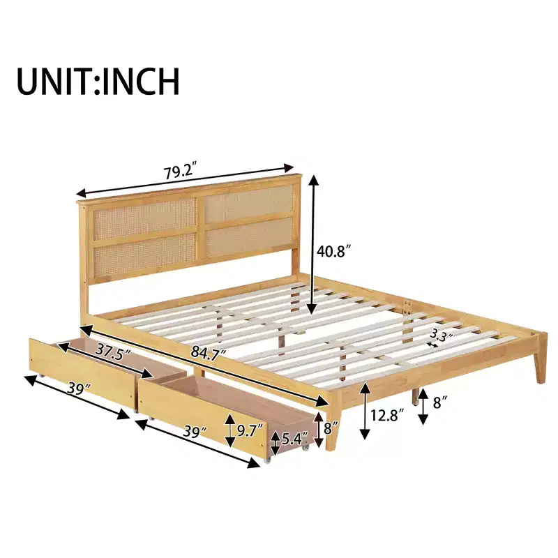 King Wood Bed Frame with Rattan Headboard & 2 Storage Drawers, White Oak
