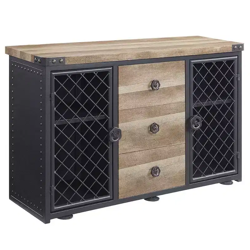 Edina 50 Kitchen and Dining Cabinets Oak and Sandy Black - Acme Furniture: Sideboard Buffet with Metal Frame, MDF Surface
