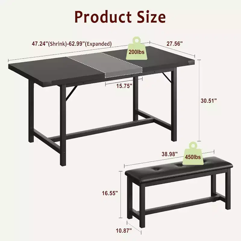 3-Piece Extendable Dining Table Set for 4-6 with 2 Upholstered Benches, Large Rectangle Kitchen Table, Space-Saving Design
