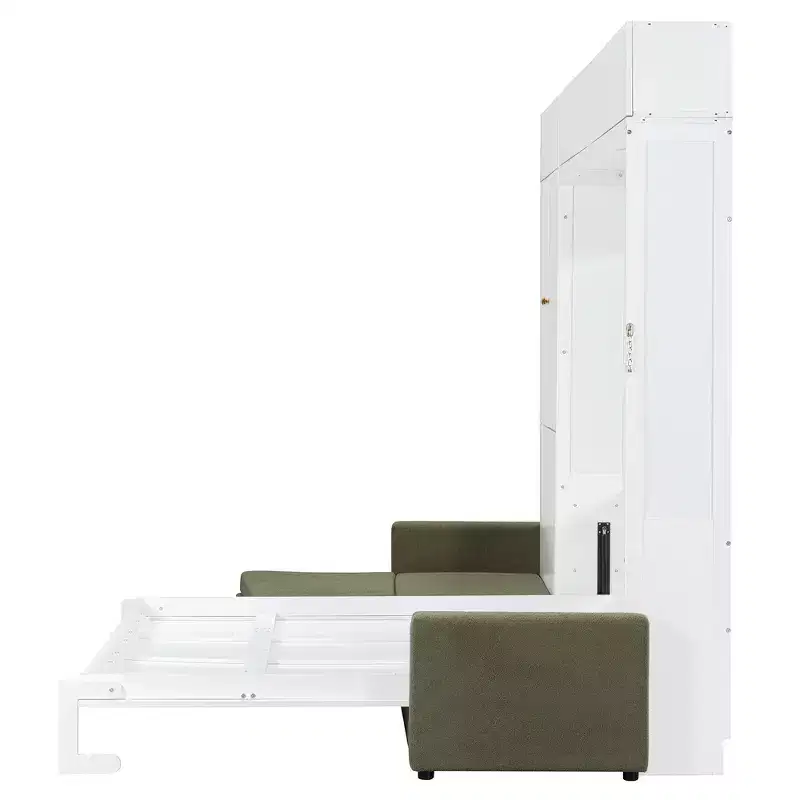 Queen Murphy Wall Bed with Beige Sofa and Shelves, Green Panel