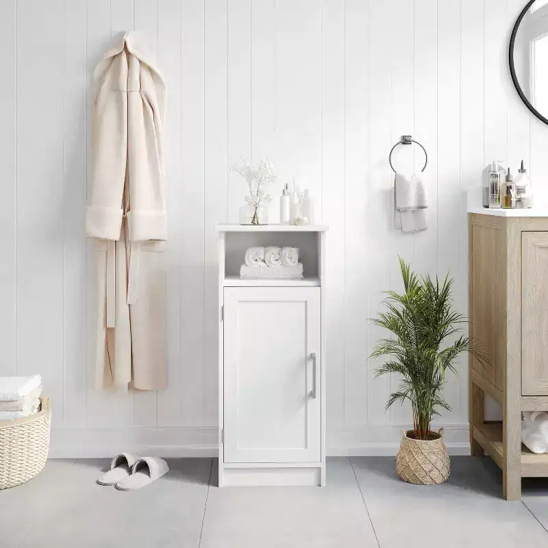 Bathroom Storage Cabinet Organizer with Magnetic Closure Door, In-Cabinet Adjustable Shelf, and Upper Open Shelf