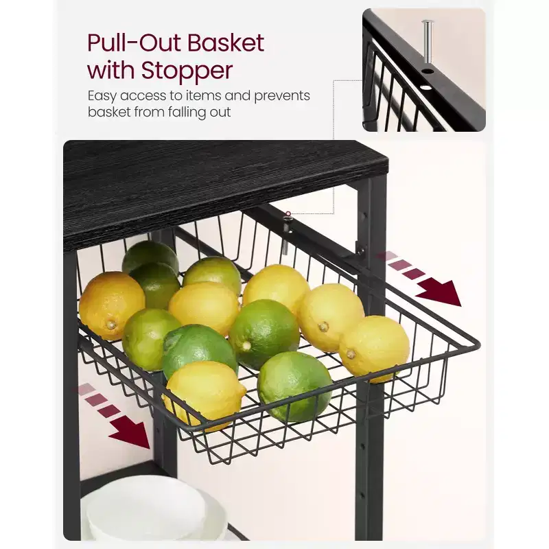 Baker's Rack Coffee Bar Stand with Charging Station, Pull-Out Wire Basket & Adjustable Shelves, 400 lbs