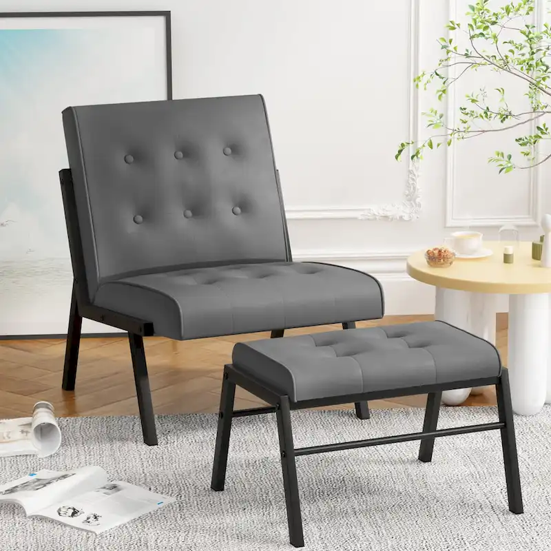 Mid-Century Faux Leather Accent Chair with Ottoman, 23.6