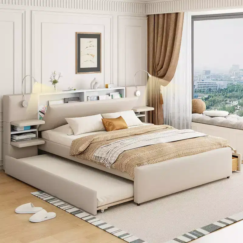 Upholstered Queen Platform Bed with Storage Drawers, Shelves, Trundle & Reading Lights