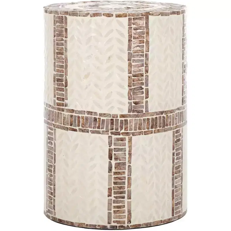 Round Coastal Accent Table with Capiz Inlay – White and Gold
