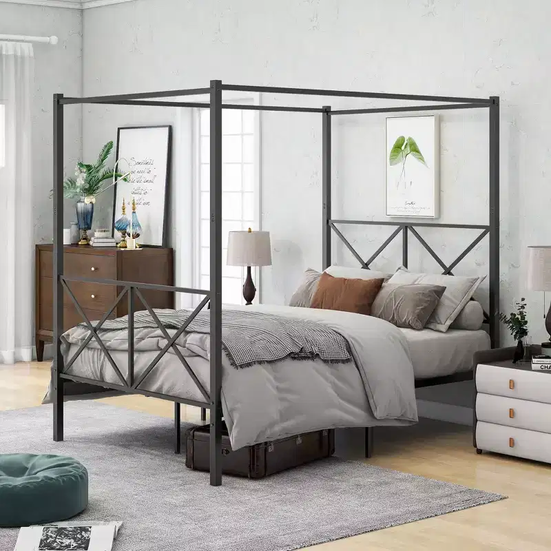 MAYEERTY Full Size Metal Canopy Bed Frame with Sturdy Steel Construction, Under-Bed Storage for Guest Room