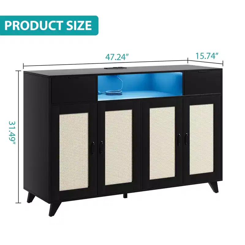 COZONY 2-Drawer Rattan Cabinet with Storage, Boho Sideboard Buffet with Wood Frame for Living Room Dining Room Hallway