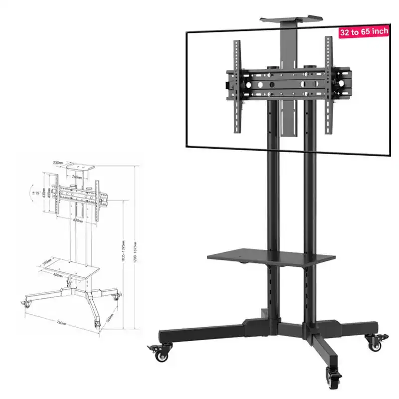Mobile TV Cart Rolling Stand, Holds 32-65 TVs up to 110LBS, Height Adjustable, Black