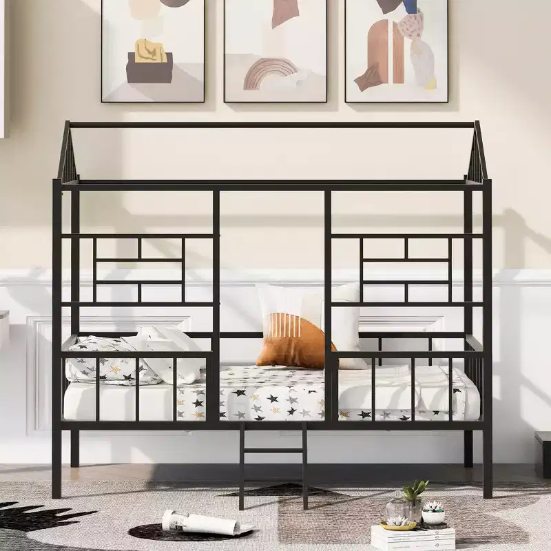 Bellemave Twin Size Metal House Bed Frame, Low Loft Bed Frame with Ladder, for Girls, Boys, Black
