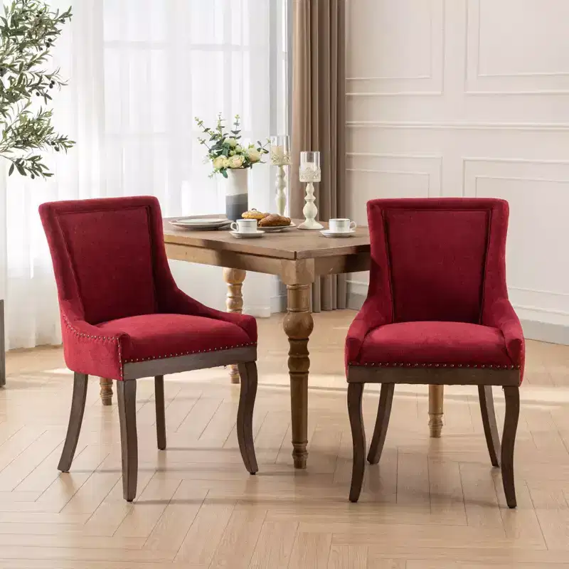 Okak Retro Dining Chairs Set of 2, Comfy Fabric Chairs with Thick Cushions, Kitchen Side Chairs with Solid Wood Legs Bronze Nail Head