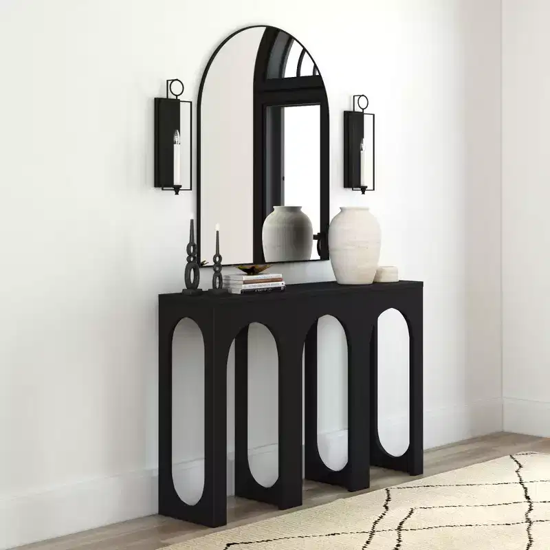 47in Solid Pine Wood Console Table with Arch Legs, Low-VOC Finish, Entryway & Foyer