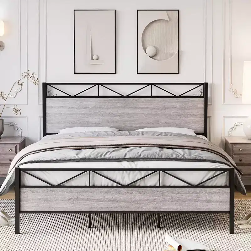 Bed Frame with Headboard, Industrial Platform King Bed Frame, Strong Metal Slats Support, 11'' Under-Bed Storage