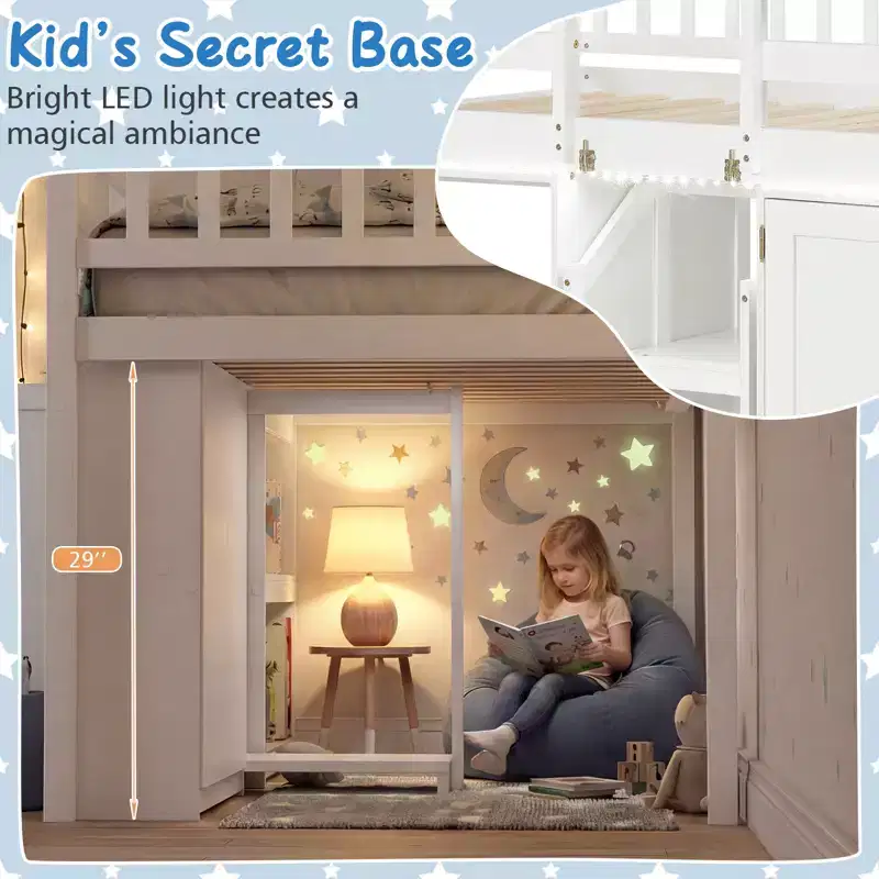 Twin Low Loft Bed with LED Light, Stairs & Guardrails, Modern Pine Wood Kids Bed, White/Mint/Gray