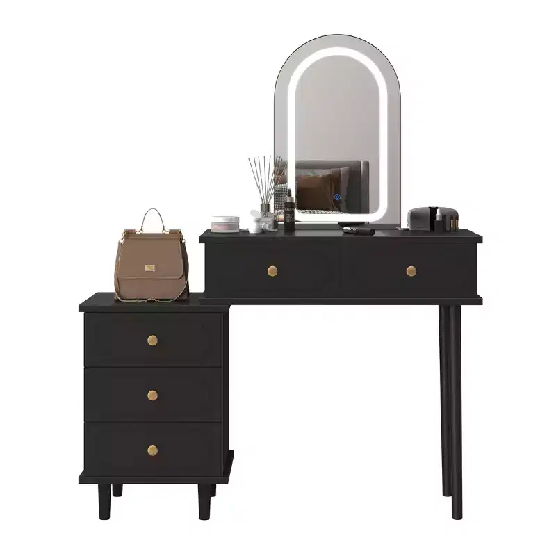 Makeup Vanity Desk with Mirror and Lights, Modern White Vanity Table with 2 Drawers & Adjustable 3-Drawer Cabinet