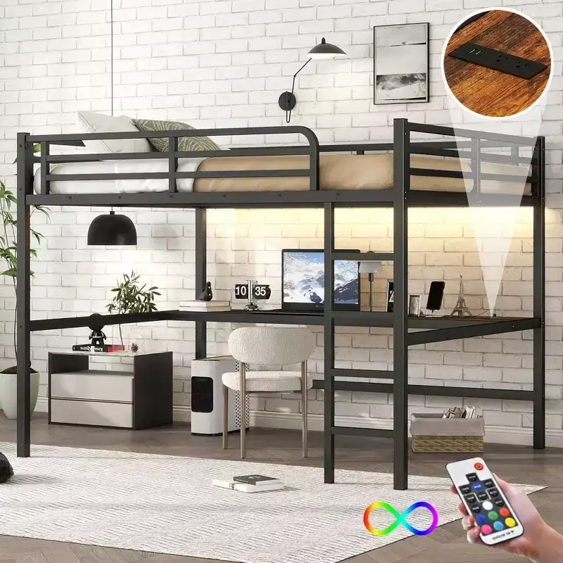Bellemave Metal Queen Loft Bed with Desk, USB Ports, Power Outlet & LED Lights, Space-Saving Noise-Free Design, Sturdy Frame, Black
