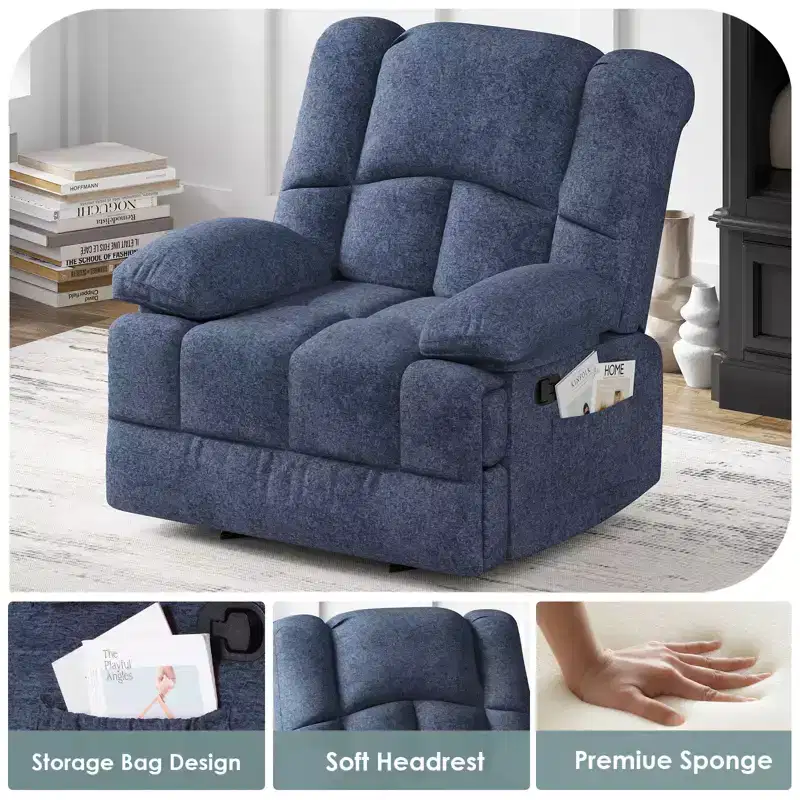 Blue Oversized Rocking Recliner Sofa for Adults, Chenille, Ergonomic, Perfect for Living Room