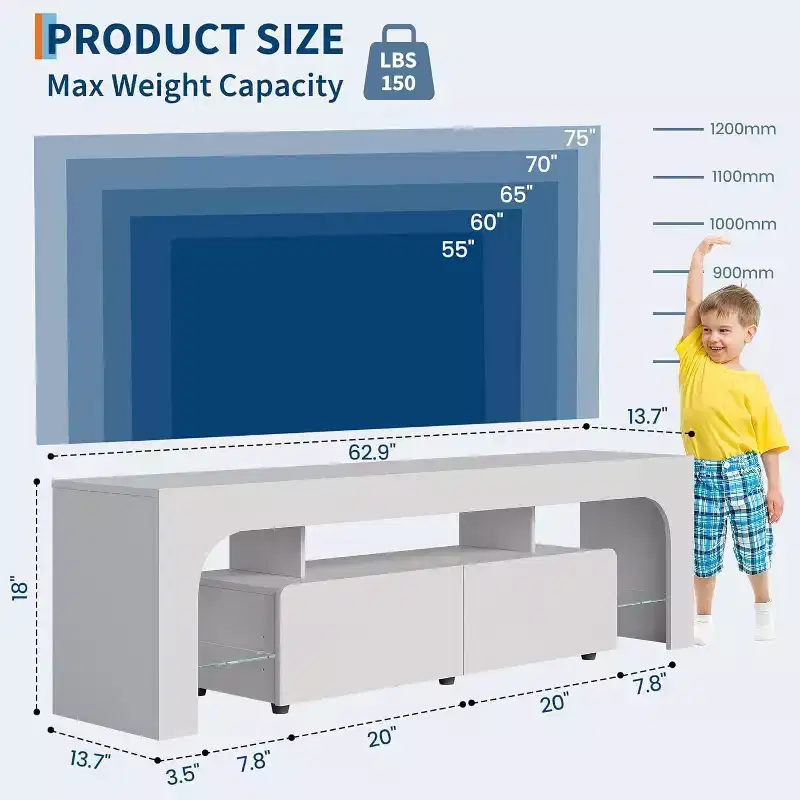 63-Inch Modern TV Stand with LED Lights, 2 Drawers & Tempered Glass Shelves - Fits up to 70-Inch TVs