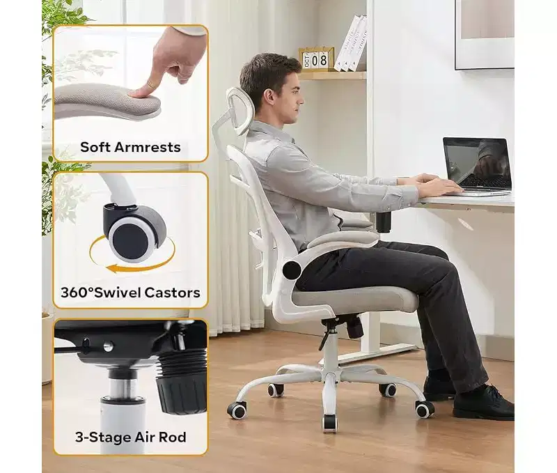 Ergonomic High-Back Mesh Office Chair  Turn-Up Armrests, Headrest, Wheels  300 lbs Capacity, Swivel Executive Computer Desk Chair