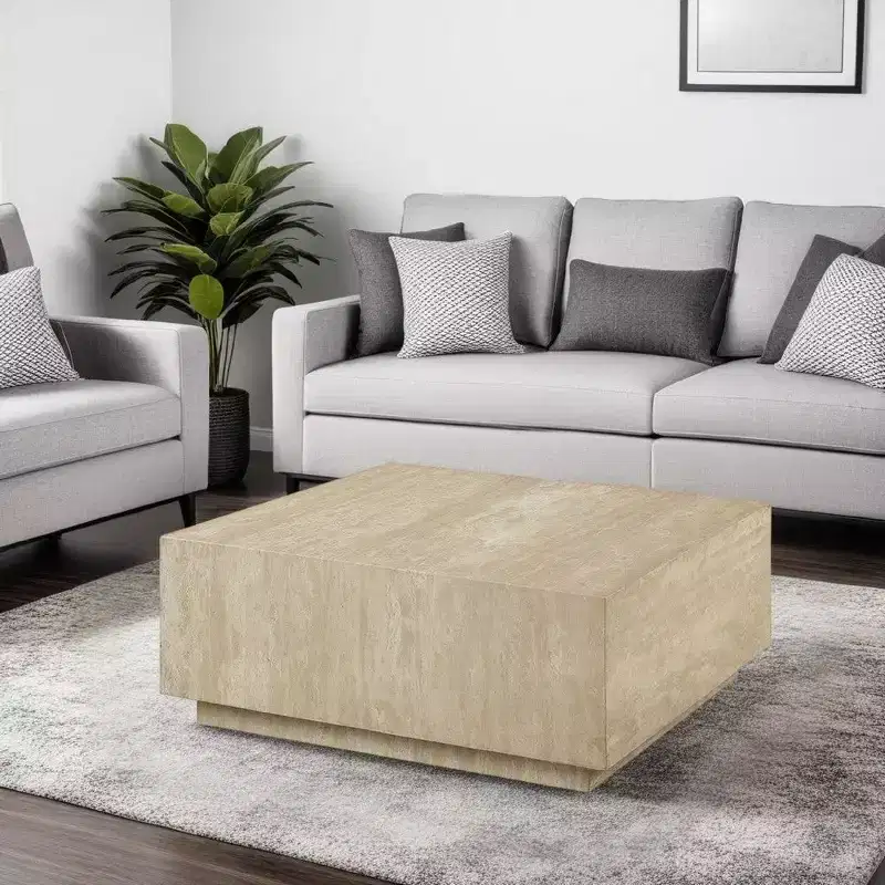 Royal Hampton Coffee Table, 35 Inch Square Travertine Top, Natural Wood Beige