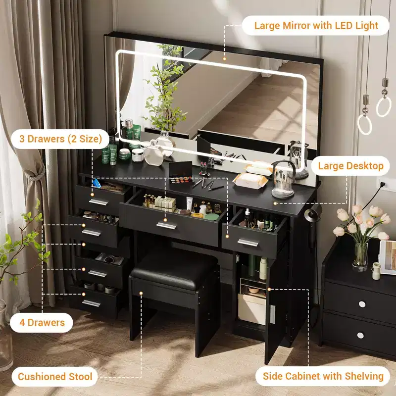 Modern Vanity Desk with Large Mirror, 7 Drawers, LED Lights, Chair, 3 Light Modes, Hair Dryer Holder and Charging Station for Bedroom