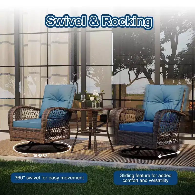 3-Piece Swivel Rocking Patio Chairs Set, Wicker Patio Bistro Set, 2 Glider Chairs & Side Table, Thickened Cushions, for Porch, Backyard, Garden