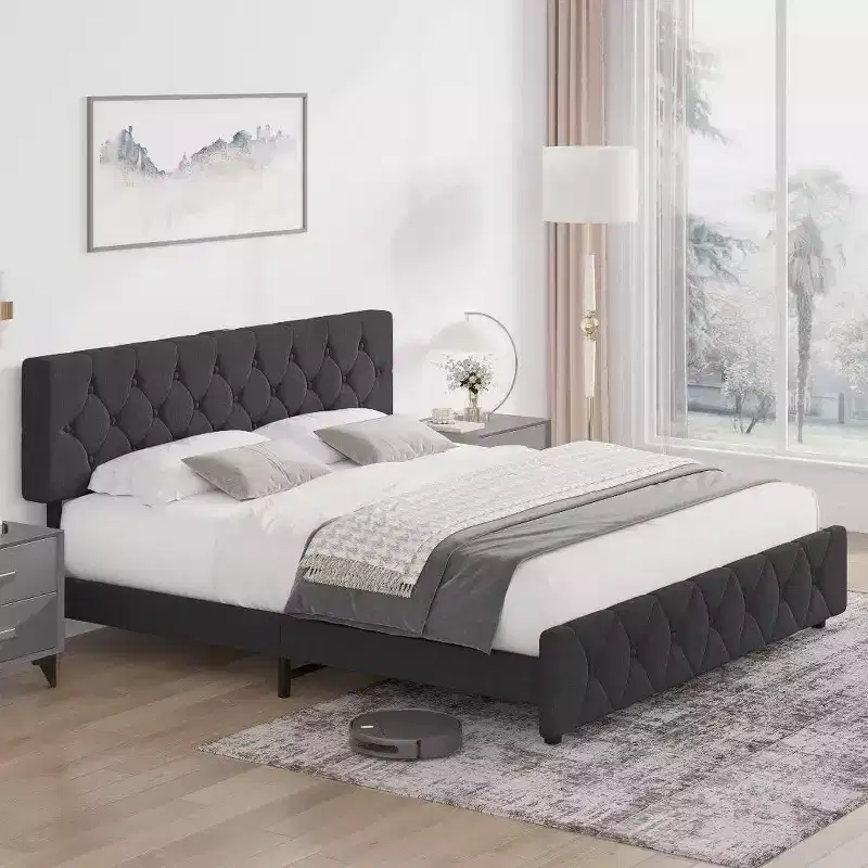 Full Size Upholstered Bed Frame with USB & Type-C Charging Headboard, Diamond Button Tufted, Noise-Free, Grey, No Box Spring Needed