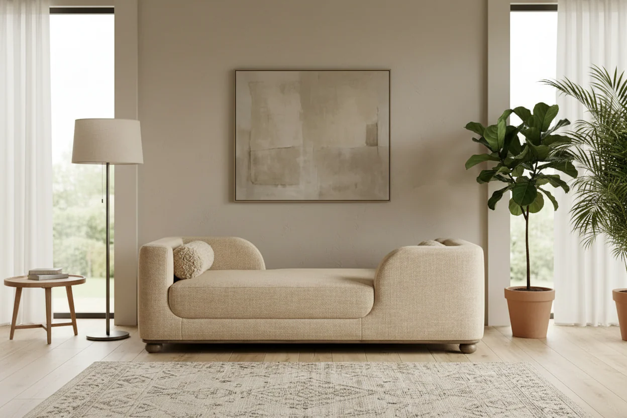 Pill Shaped Oak Frame Beige Shearling Bolster Bun Leg Chaise