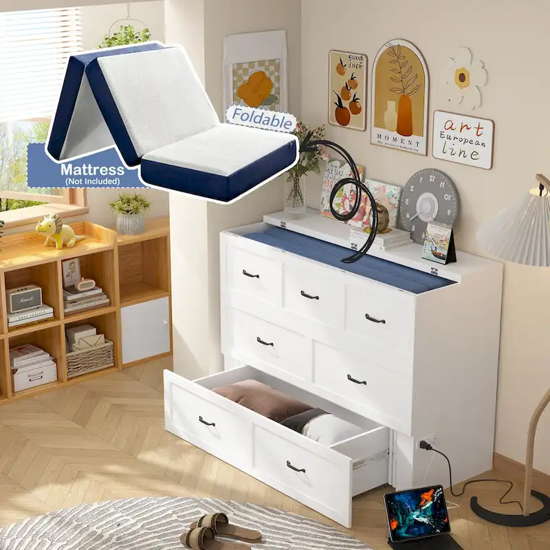 Modern Wood Full Murphy Bed Chest in White Finish Dresser 2-1 Cabinet