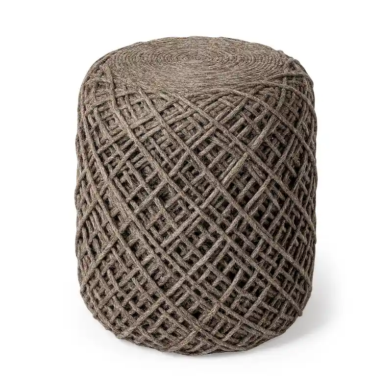 Handwoven Brown Wool Round Pouf with Diamond Weave Pattern