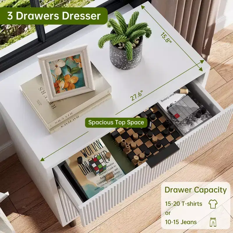 Dresser, Chest of Drawers - 29.9 Fluted 3-Drawer with Metal Legs & Anti-Tip Device, White Storage for Bedroom, Entryway