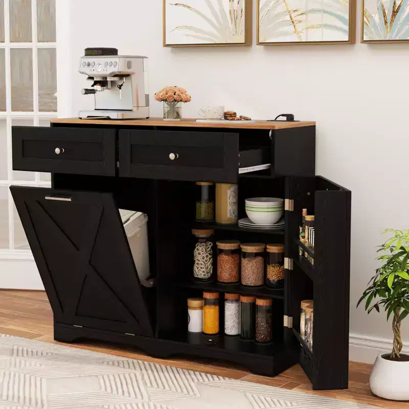 Tilt Out Trash Can Cabinet with Outlets, 2 Drawers, Adjustable Shelf & Anti-Tipping Kit