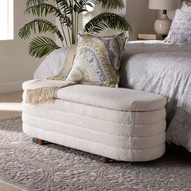 Lift-Top Storage Bench Boucle Cream/Walnut Brown
