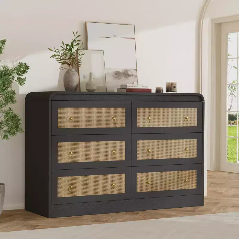 Rattan 6 Drawer Dresser for Bedroom, 46W Wooden Chest of Drawers, Dresser TV Stand, Clothing Storage Organizer for Living Room, Black