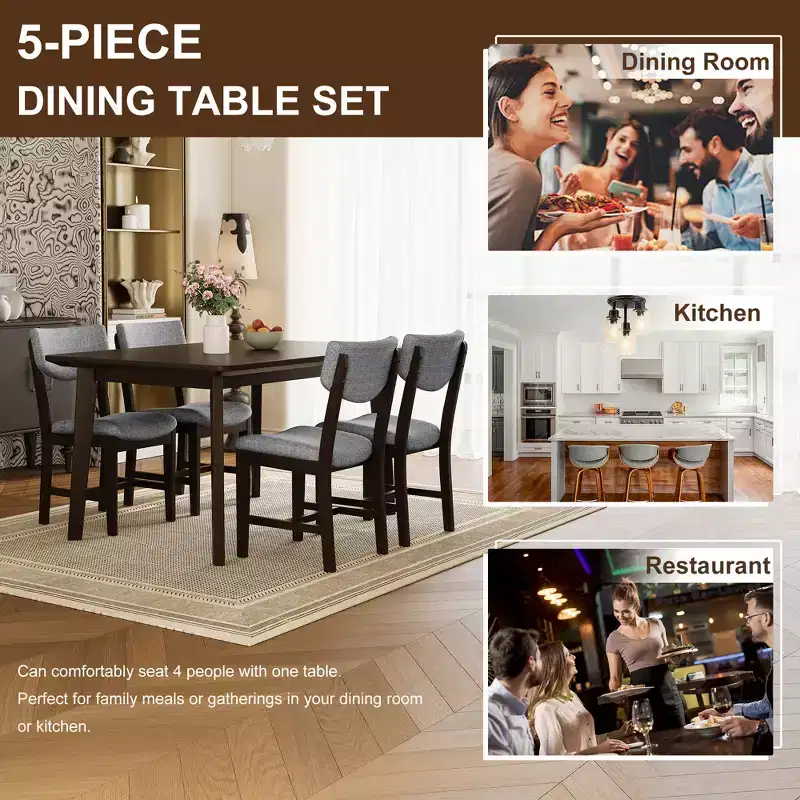 5-Piece Rustic Dining Set with Wood Table and 4 Upholstered Chairs in Espresso
