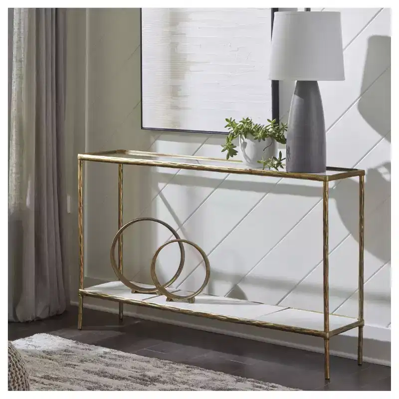 Console Sofa Table, Antique Brass Finish with Glass Top and Marble Shelf
