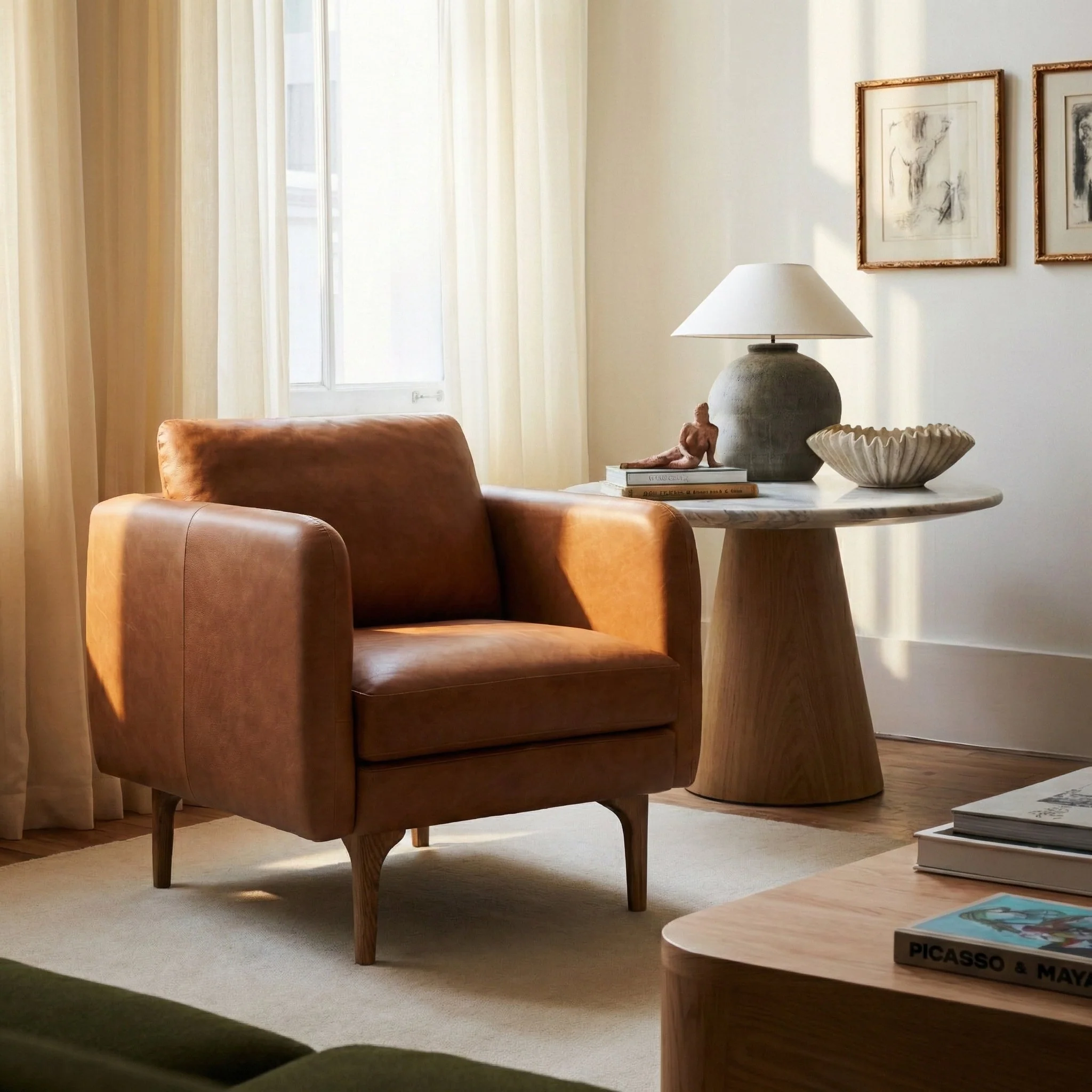 Mid-Century Modern Saddle Tan Leather Lounge Chair with Kiln-Dried